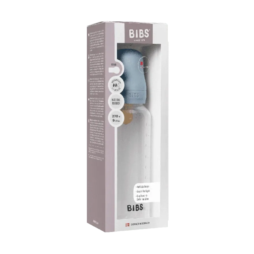 BIBS Baby Flaske Rund Latex 1 pack 270 ml Medium Flow Baby Blue
