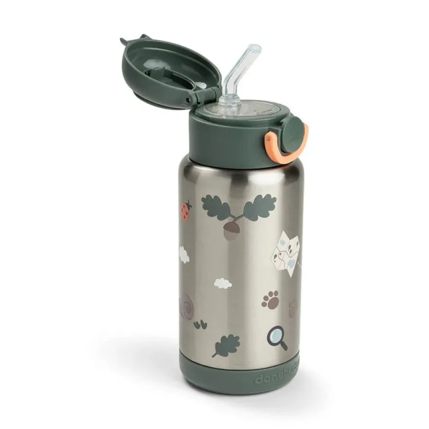 Done by Deer Isolerende flaske med sugerør Tiny trails 340 ml - grøn