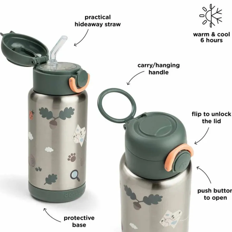 Done by Deer Isolerende flaske med sugerør Tiny trails 340 ml - grøn