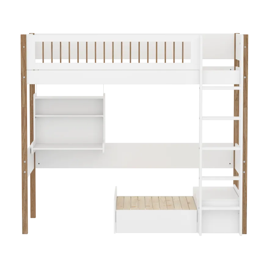 FLEXA NOR Casa Højseng med crossbar sengehest, stige, skriveborg og gæsteseng 90x200 cm- Hvid/eg