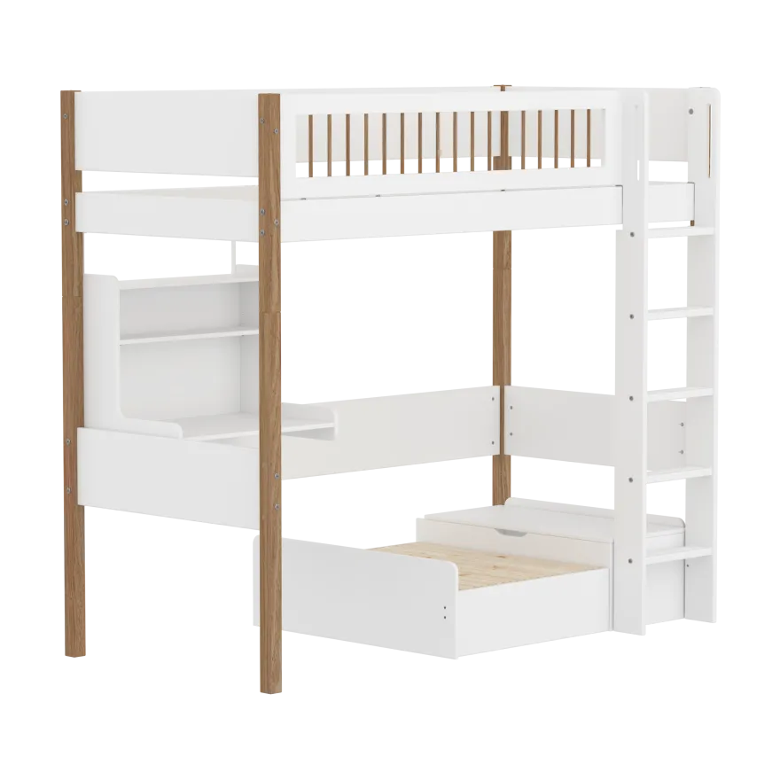 FLEXA NOR Casa Højseng med crossbar sengehest, stige, skriveborg og gæsteseng 90x200 cm- Hvid/eg