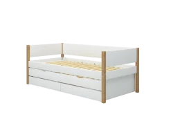 FLEXA NOR Enkeltseng 90x200 cm m. baggavl incl. 2 skuffer og udtræksseng - Hvid/eg