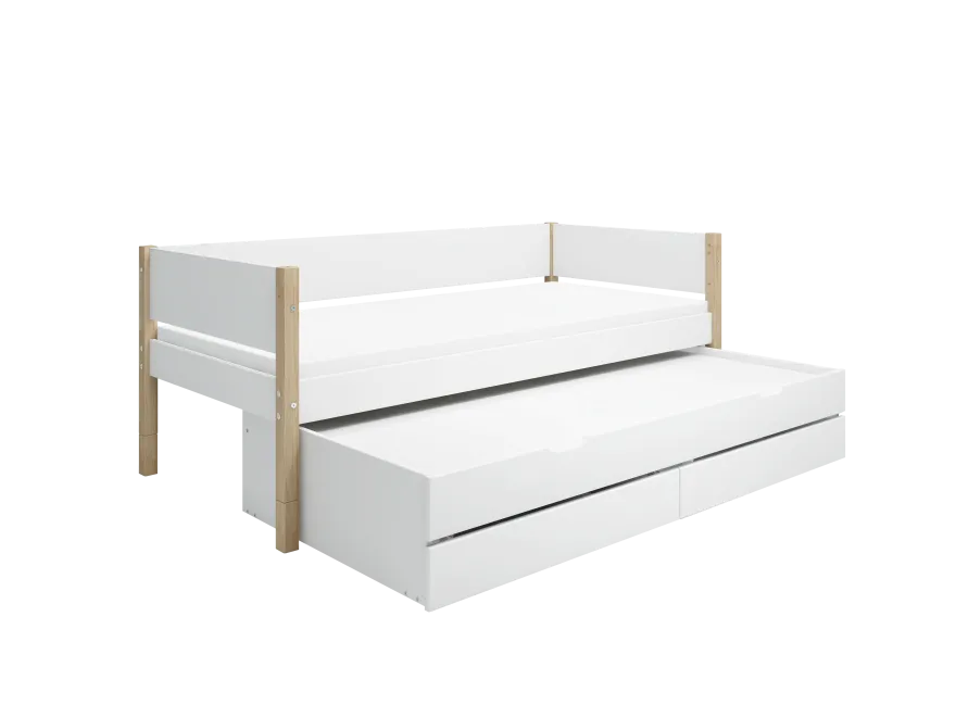 FLEXA NOR Enkeltseng 90x200 cm m. baggavl incl. 2 skuffer og udtræksseng - Hvid/eg
