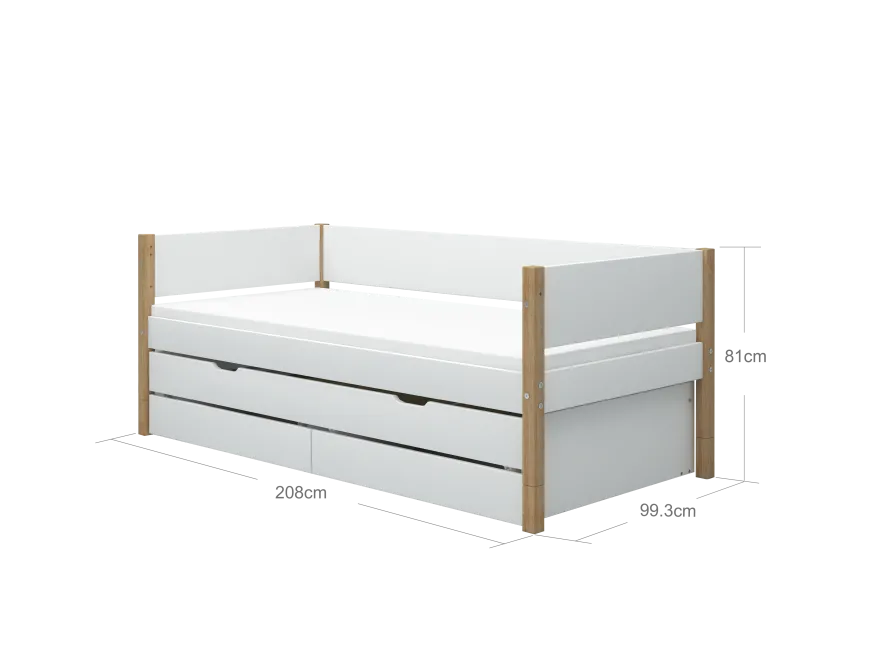 FLEXA NOR Enkeltseng 90x200 cm m. baggavl incl. 2 skuffer og udtræksseng - Hvid/eg