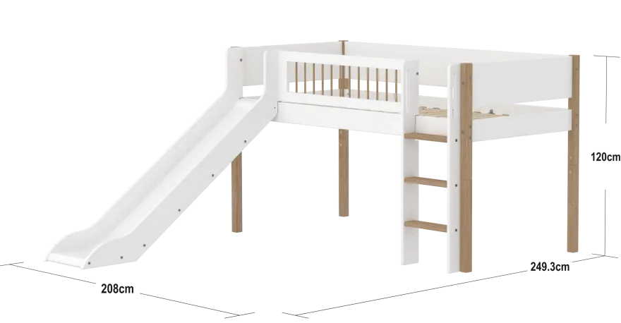 FLEXA NOR Halvhøj seng 120 cm med rutchebane, stige og crossbar sengehest 90x200 cm - Hvid/eg