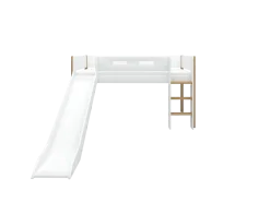 FLEXA NOR Halvhøj seng 120 cm med rutchebane, stige og cut out sengehest 90x200 cm - Hvid/eg