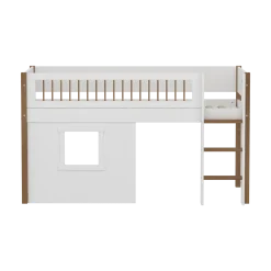 FLEXA NOR Halvhøj seng 120 cm med stige, crossbar sengehest og træhytte-sengefronter 90x200 cm - Hvid/eg