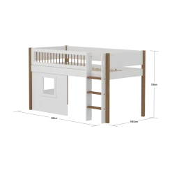 FLEXA NOR Halvhøj seng 120 cm med stige, crossbar sengehest og træhytte-sengefronter 90x200 cm - Hvid/eg