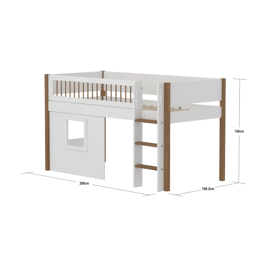 FLEXA NOR Halvhøj seng 120 cm med stige, crossbar sengehest og træhytte-sengefronter 90x200 cm - Hvid/eg