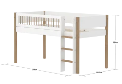 FLEXA NOR Halvhøj seng 120 cm med stige og crossbar sengehest 90x200 cm - Hvid/eg