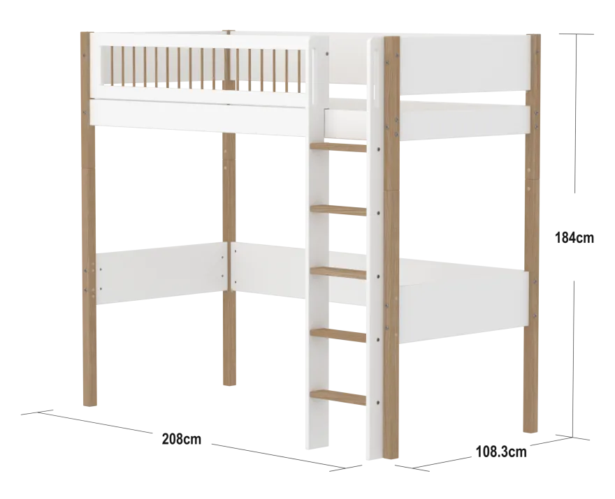 FLEXA NOR Højseng 184 cm med stige og crossbar sengehest 90x200 cm - Hvid/eg