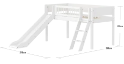 FLEXA WHITE Halvhøj seng 120 cm med rutchebane, skrå stige og crossbar sengehest 90x200 cm - Hvid