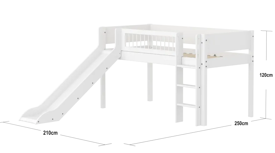 FLEXA WHITE Halvhøj seng 120 cm med rutchebane, stige og crossbar sengehest 90x200 cm - Hvid