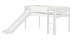FLEXA WHITE Halvhøj seng 120 cm med rutchebane, stige og grooves sengehest 90x200 cm - Hvid