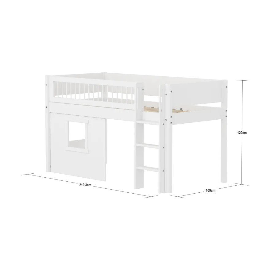 FLEXA WHITE Halvhøj seng 120 cm med stige, crossbar sengehest og træhytte-sengefronter 90x200 cm - Hvid