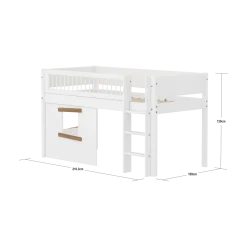 FLEXA WHITE Halvhøj seng 120 cm med stige, crossbar sengehest og træhytte-sengefronter 90x200 cm - Hvid/eg