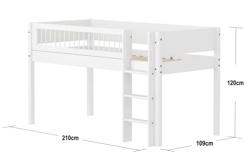FLEXA WHITE Halvhøj seng 120 cm med stige og crossbar sengehest 90x200 cm - Hvid