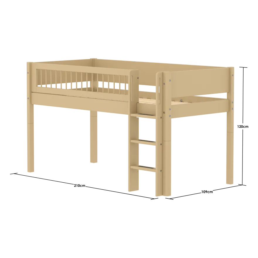 FLEXA WHITE Halvhøj seng 120 cm med stige og crossbar sengehest 90x200 cm - Sand