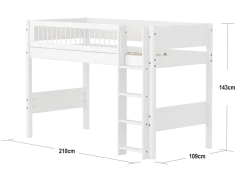 FLEXA WHITE Mellemhøj seng 143 cm med stige og crossbar sengehest 90x200 cm- Hvid