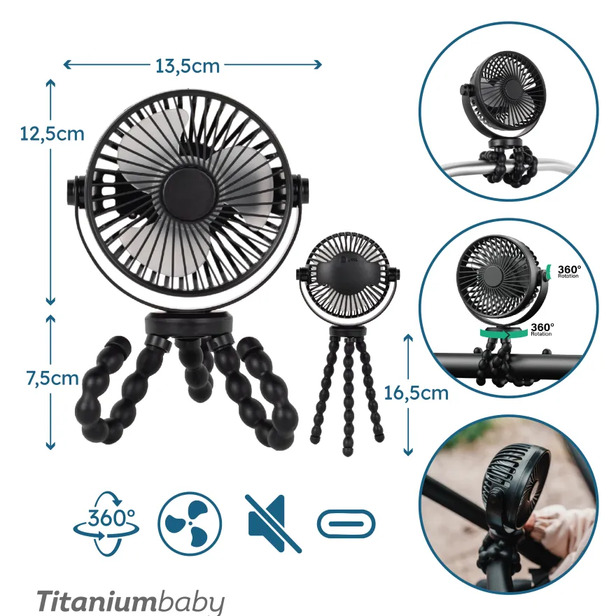 Titaniumbaby Ventilator t/klap- & barnevogn genopladelig - sort